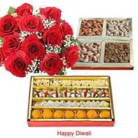 12 Red Roses With 1 Kg Assorted Sweets And Assorted Dry Fruits